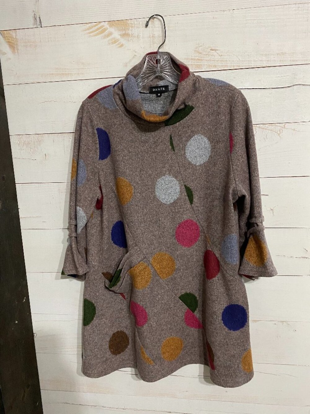 β’ Damee Art to Wear Polka Dot Funnel Neck Sweater Tunic Heather Gray Medium